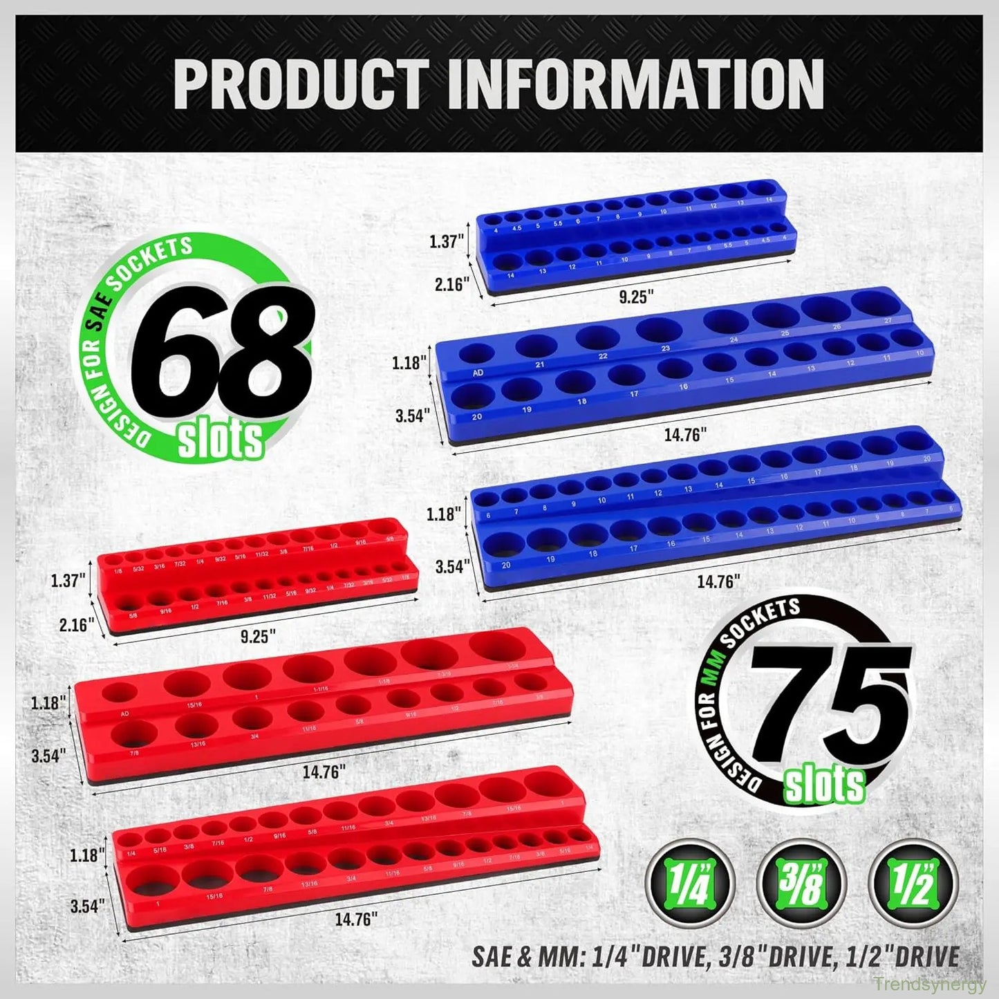 Magnetic Socket Organizer, 6 Piece Socket Holder Kit, 1/2-inch, 3/8-inch, 1/4-inch Drive, Holds 143 SAE&Metric Sockets, Red & Blue, Professional Quality Tools Organizer Hardware Heavy Duty