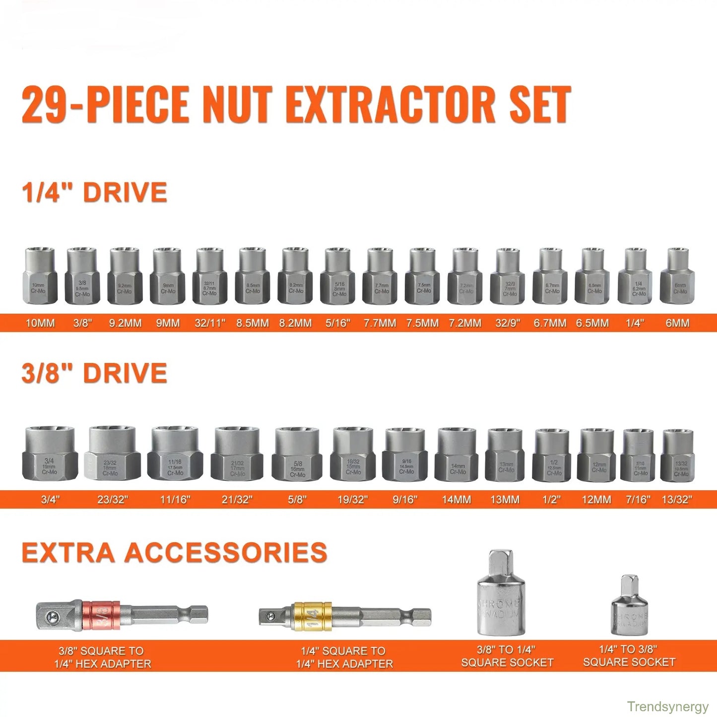 Bolt Extractor Set, 29-Piece Bolt and Nut Remover Set, 6mm to 10mm, 13/32" to 3/4", CR-MO Steel Extraction Socket Set with Storage Case, for Removing Damaged Rusted Bolts, Nuts and Screws