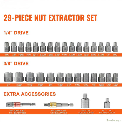 Bolt Extractor Set, 29-Piece Bolt and Nut Remover Set, 6mm to 10mm, 13/32" to 3/4", CR-MO Steel Extraction Socket Set with Storage Case, for Removing Damaged Rusted Bolts, Nuts and Screws