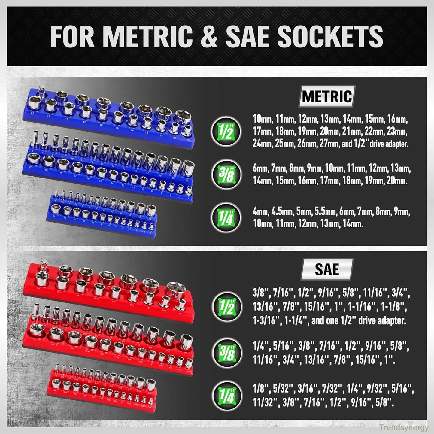 Magnetic Socket Organizer, 6 Piece Socket Holder Kit, 1/2-inch, 3/8-inch, 1/4-inch Drive, Holds 143 SAE&Metric Sockets, Red & Blue, Professional Quality Tools Organizer Hardware Heavy Duty