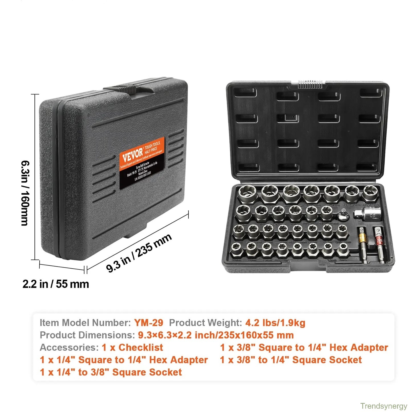 Bolt Extractor Set, 29-Piece Bolt and Nut Remover Set, 6mm to 10mm, 13/32" to 3/4", CR-MO Steel Extraction Socket Set with Storage Case, for Removing Damaged Rusted Bolts, Nuts and Screws