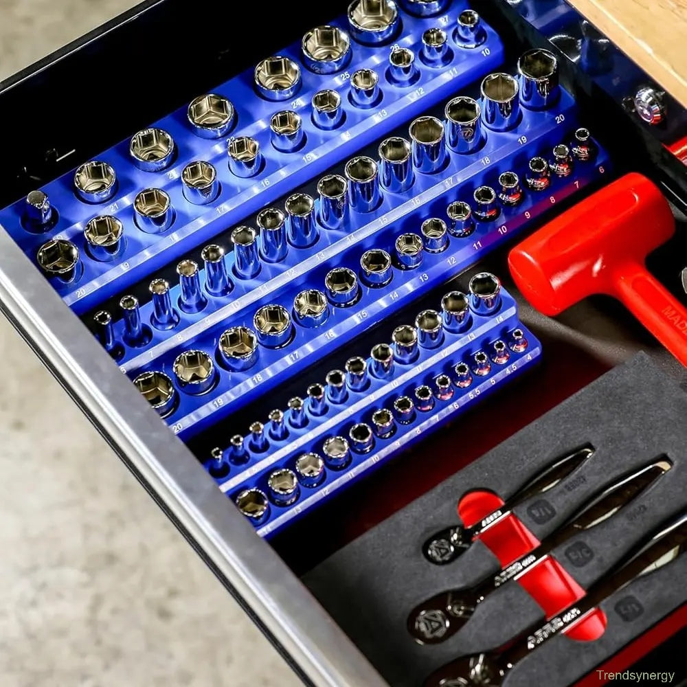 Magnetic Socket Organizer, 6 Piece Socket Holder Kit, 1/2-inch, 3/8-inch, 1/4-inch Drive, Holds 143 SAE&Metric Sockets, Red & Blue, Professional Quality Tools Organizer Hardware Heavy Duty