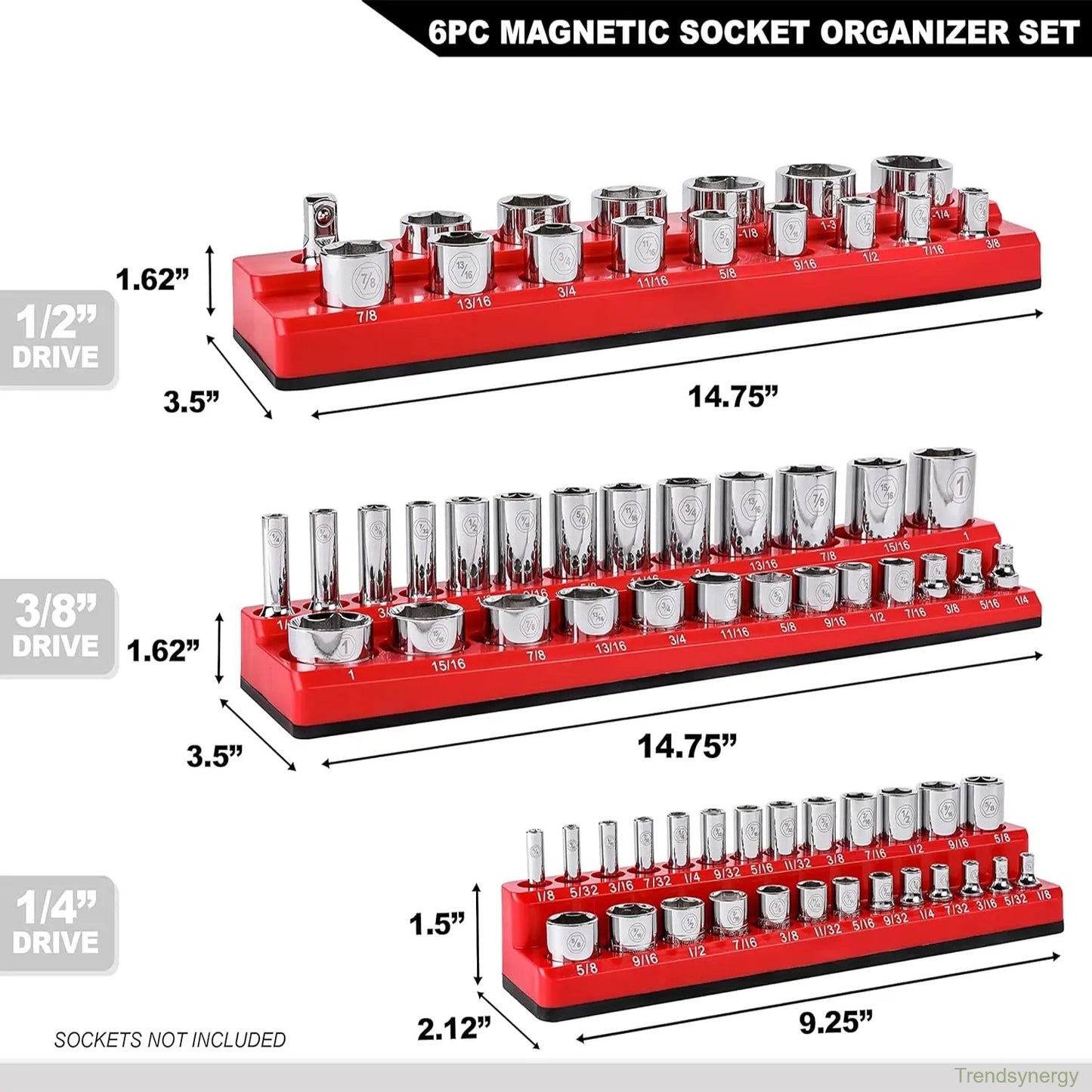 Magnetic Socket Organizer, 6 Piece Socket Holder Kit, 1/2-inch, 3/8-inch, 1/4-inch Drive, Holds 143 SAE&Metric Sockets, Red & Blue, Professional Quality Tools Organizer Hardware Heavy Duty