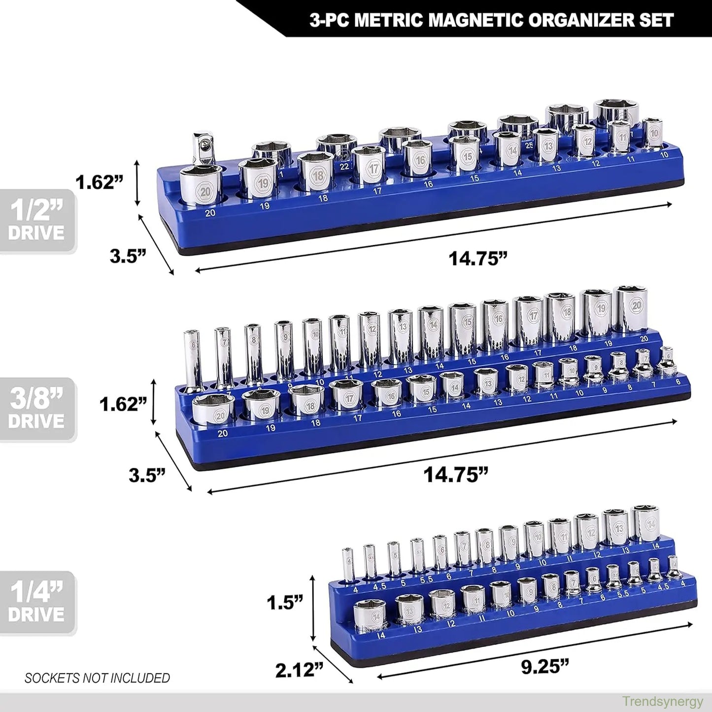 Magnetic Socket Organizer, 6 Piece Socket Holder Kit, 1/2-inch, 3/8-inch, 1/4-inch Drive, Holds 143 SAE&Metric Sockets, Red & Blue, Professional Quality Tools Organizer Hardware Heavy Duty
