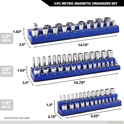 Magnetic Socket Organizer, 6 Piece Socket Holder Kit, 1/2-inch, 3/8-inch, 1/4-inch Drive, Holds 143 SAE&Metric Sockets, Red & Blue, Professional Quality Tools Organizer Hardware Heavy Duty