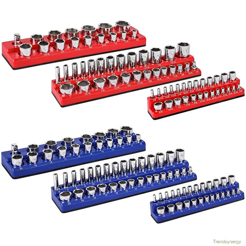Magnetic Socket Organizer, 6 Piece Socket Holder Kit, 1/2-inch, 3/8-inch, 1/4-inch Drive, Holds 143 SAE&Metric Sockets, Red & Blue, Professional Quality Tools Organizer Hardware Heavy Duty