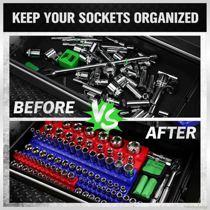 Magnetic Socket Organizer, 6 Piece Socket Holder Kit, 1/2-inch, 3/8-inch, 1/4-inch Drive, Holds 143 SAE&Metric Sockets, Red & Blue, Professional Quality Tools Organizer Hardware Heavy Duty