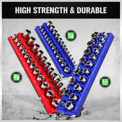 Magnetic Socket Organizer, 6 Piece Socket Holder Kit, 1/2-inch, 3/8-inch, 1/4-inch Drive, Holds 143 SAE&Metric Sockets, Red & Blue, Professional Quality Tools Organizer Hardware Heavy Duty